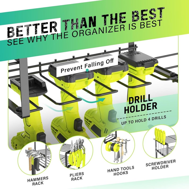 SUNALLY Store Power Tool Organizer, 4 Drill Holder Wall Mount, Garage Tool Organizer and Storage with Screwdriver Holder, Garage Organization, 4 Layer Cordless Drill Holder with Hammer Holder - Image 2